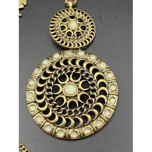 Lucky Brand Necklace Gold Tone Tribal Double Disk Crescent Faux Moon Stone 29+2" - Picture 3 of 8